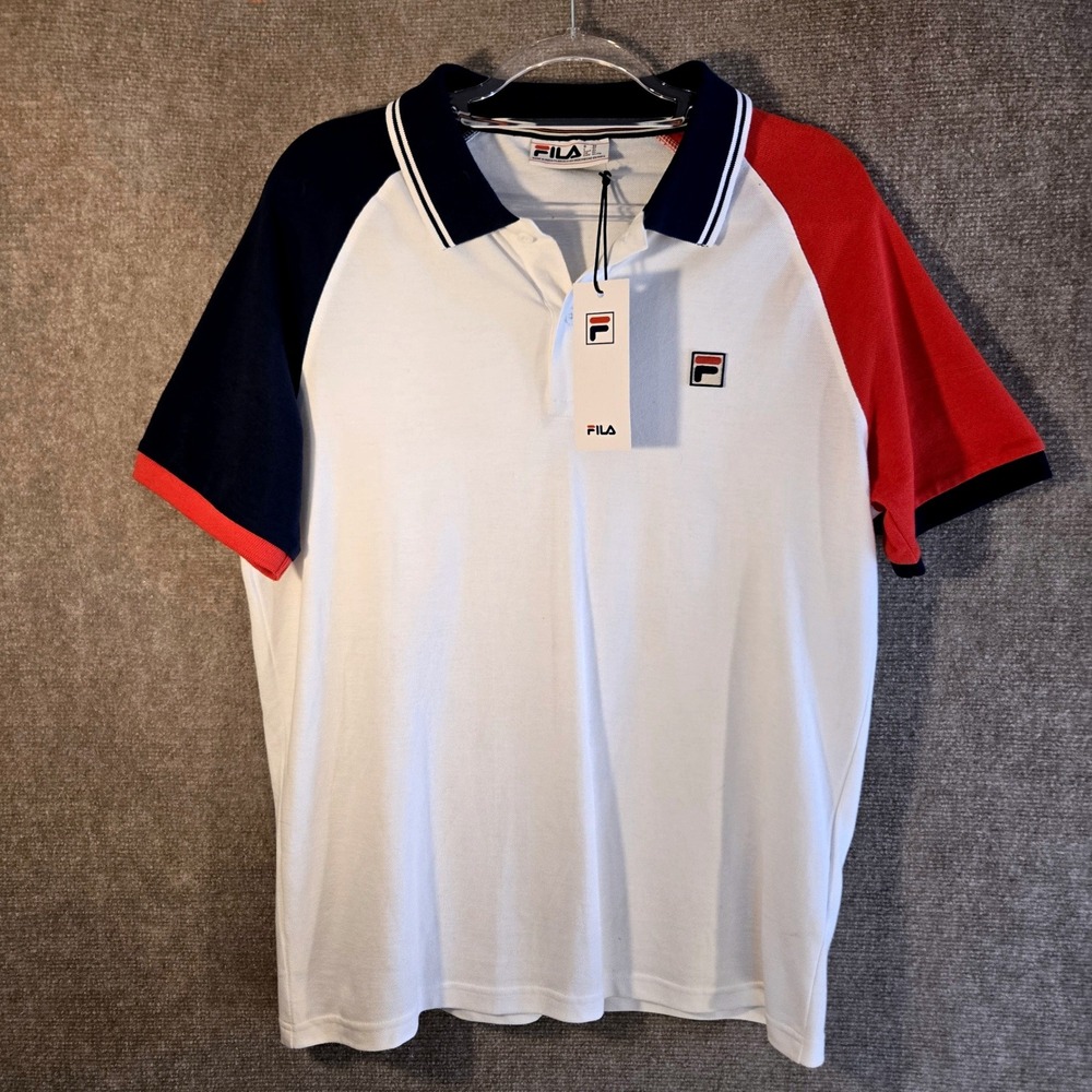 FILA Mens‎ Colorblock Raglan Apollo Polo Shirt White Navy Red Cotton XL New READ
